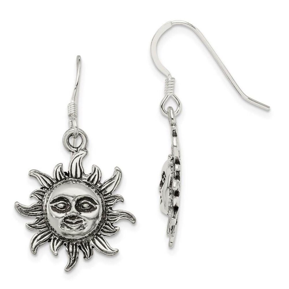 17mm Antiqued Sun Dangle Earrings in Sterling Silver